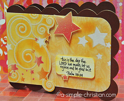 Scallop edges handmade card with stars and celestial designs.