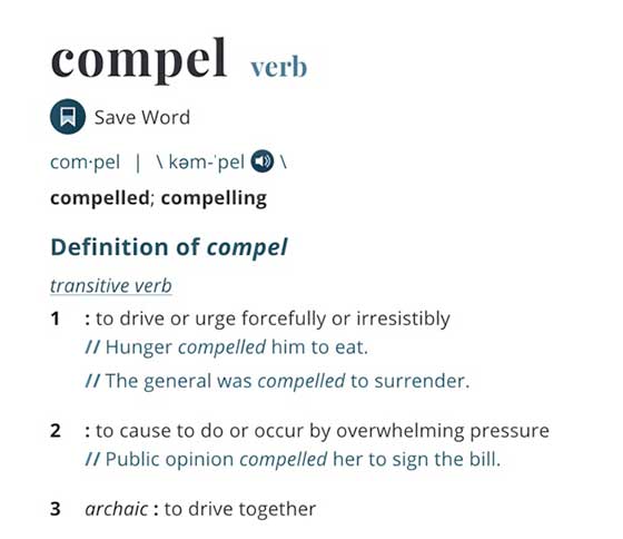 Love of Jesus compels us. Meaning of compels according to Merriam Webster.