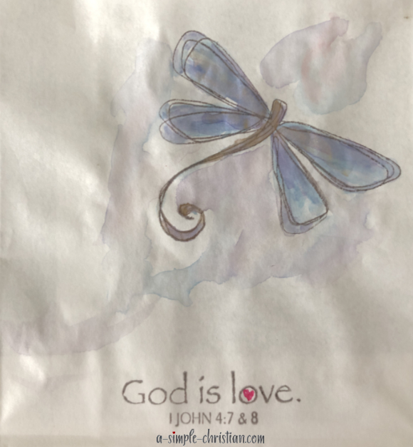 Stamped Watercolour Dragonfly with stamped words : God Is Love 1 John 4:7,8